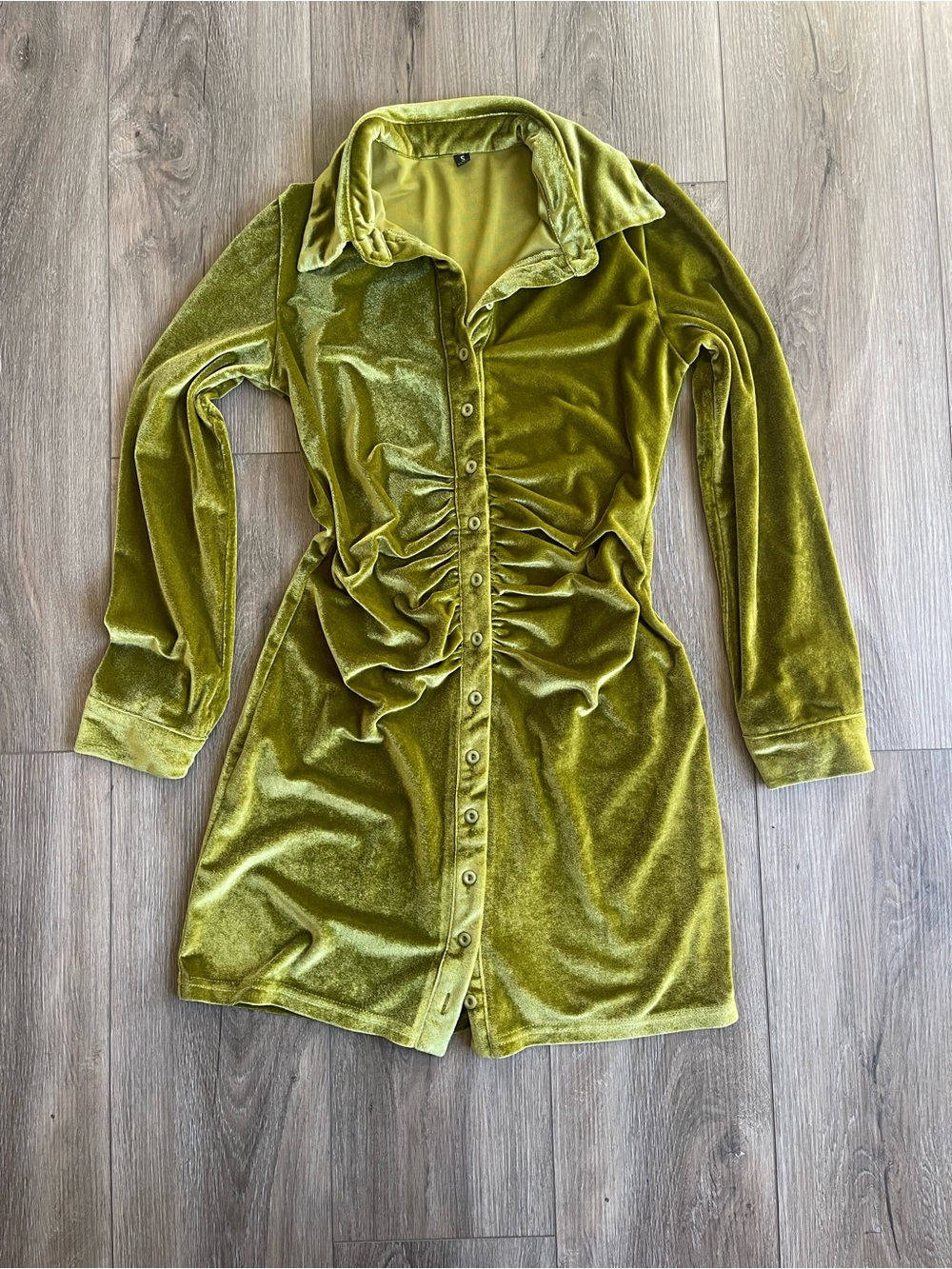 Velvet Button-Front Ruched Shirt Dress Tunic in Olive Green